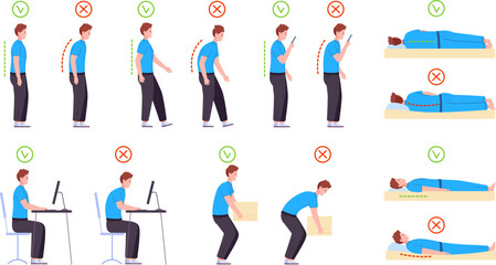 Illustration of correct and incorrect postures practices for standing, sitting, lifting, and sleeping, promoting better posture.