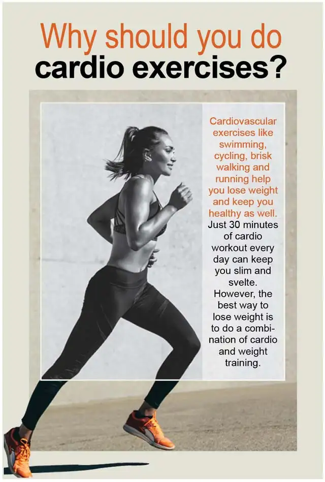 image Promoting cardio exercises with a woman running and text explaining the benefits of this activities like swimming , cycling, brisk walking, and running for weight loss and overall health.